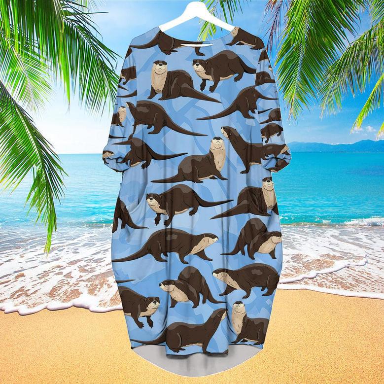 Realistic Otter Lovely Animals Pattern Long Sleeve Midi Dress