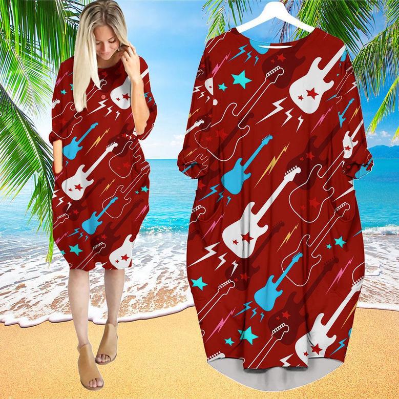 Red Electric Guitar Long Sleeve Midi Dress