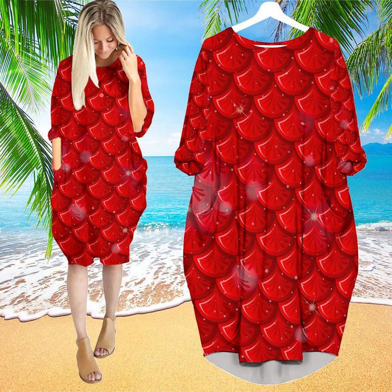 Red Mermaid Scales Long Sleeve Midi Dress