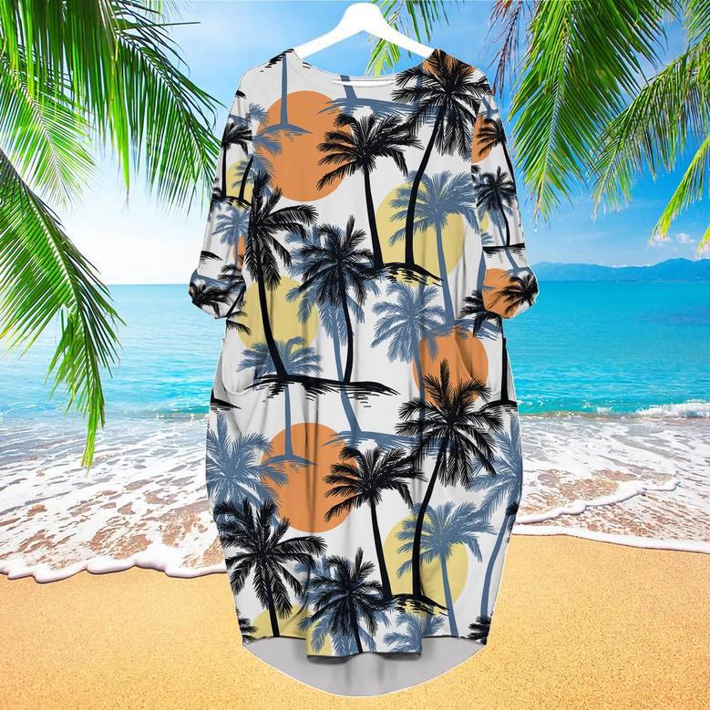 Retro Sunset Palm Trees Tropical Pattern Long Sleeve Midi Dress