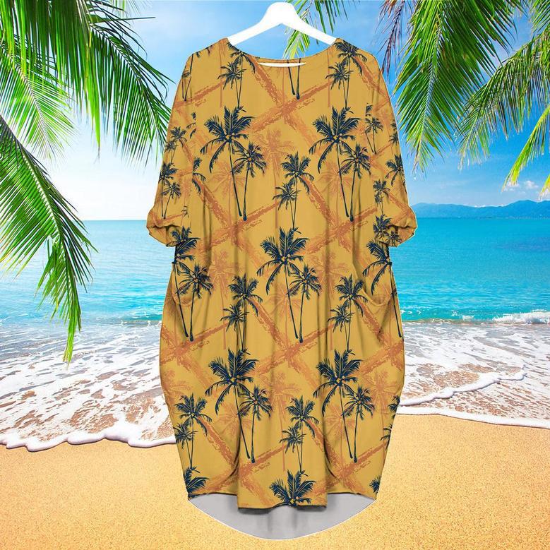 Retro Tropical Palm Tree Long Sleeve Midi Dress