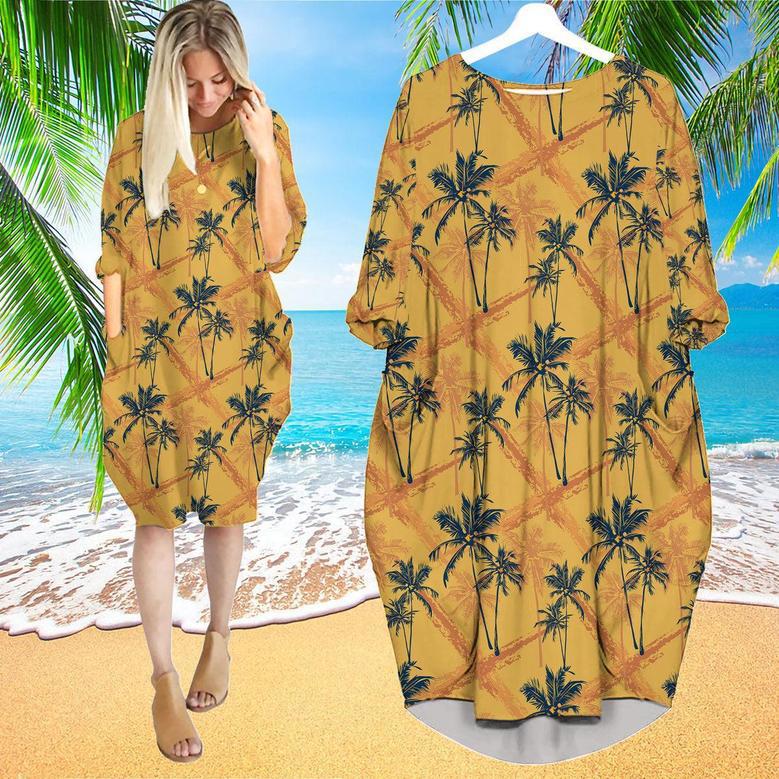 Retro Tropical Palm Tree Long Sleeve Midi Dress