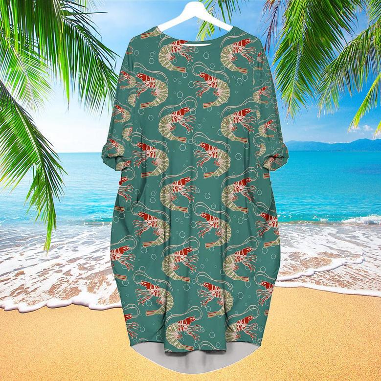 Shrimps In Turquoise Water With Bubbles Pattern Long Sleeve Midi Dress