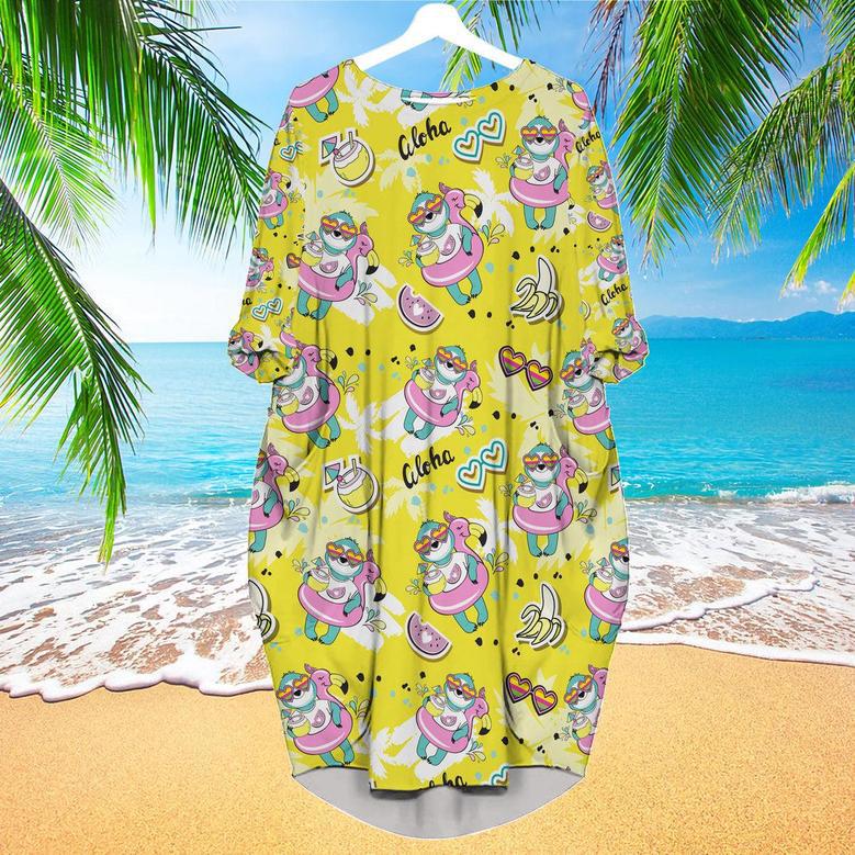 Sloth With Flamingo Circle On A Yellow Beach Long Sleeve Midi Dress