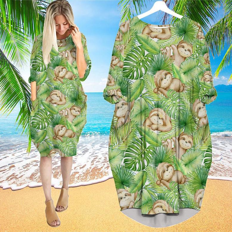 Sloths Surrounded By Tropical Leaves Long Sleeve Midi Dress