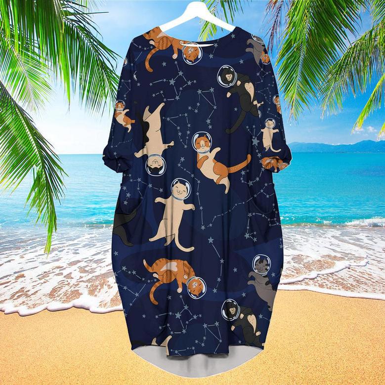 Space Cats Long Sleeve Midi Dress