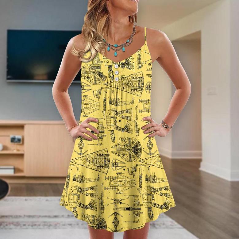 Space Ships Star Wars Yellow - V-Neck Sleeveless Cami Dress