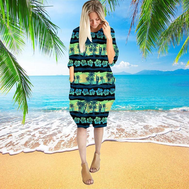 Surfer Palm Tree Long Sleeve Midi Dress