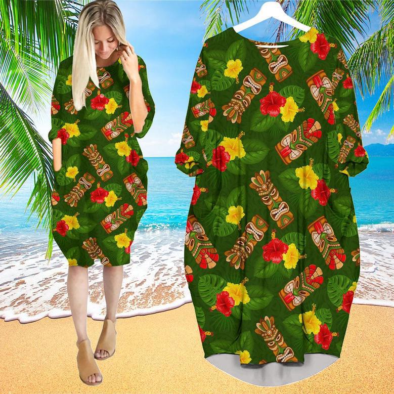 Tiki Mask Hibiscus Flowers Tropical Summer On Paradise Beach Long Sleeve Midi Dress