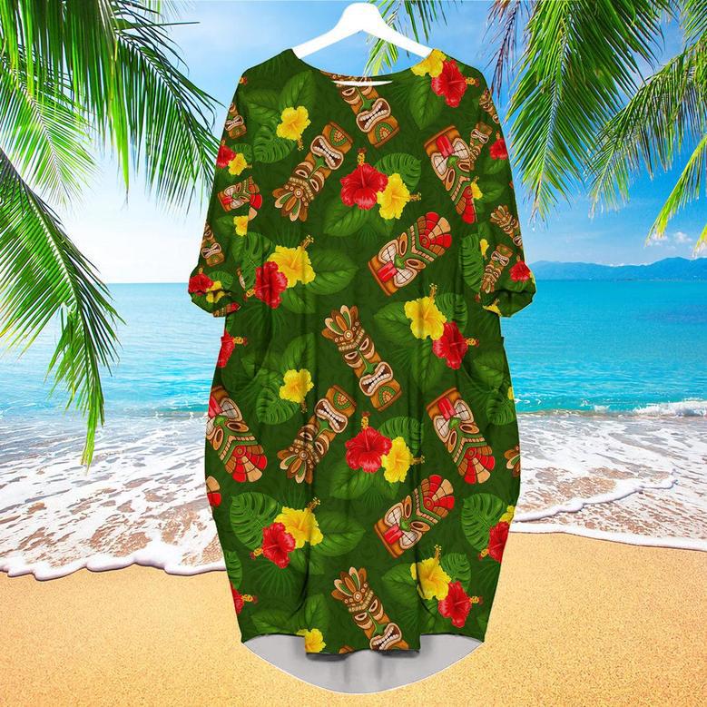 Tiki Mask Hibiscus Flowers Tropical Summer On Paradise Beach Long Sleeve Midi Dress