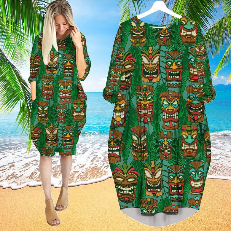 Tiki Palm Leaves Tropical Long Sleeve Midi Dress