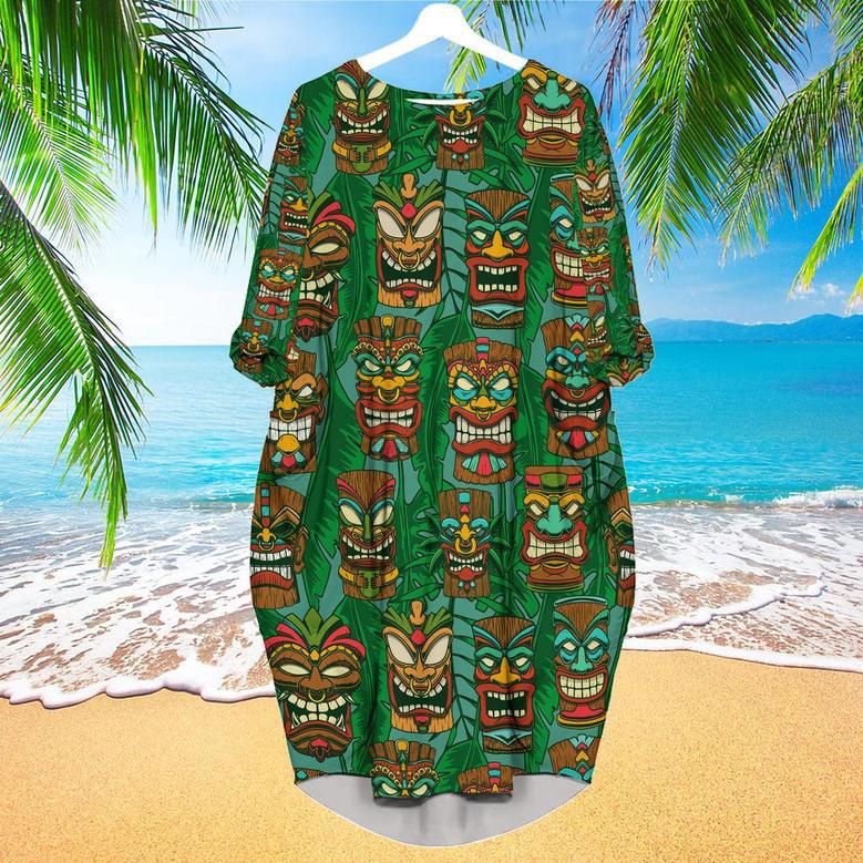 Tiki Palm Leaves Tropical Long Sleeve Midi Dress