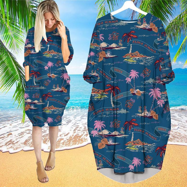 Trendy Tropical Island On Dark Ocean Blue Palm Trees Beach Long Sleeve Midi Dress