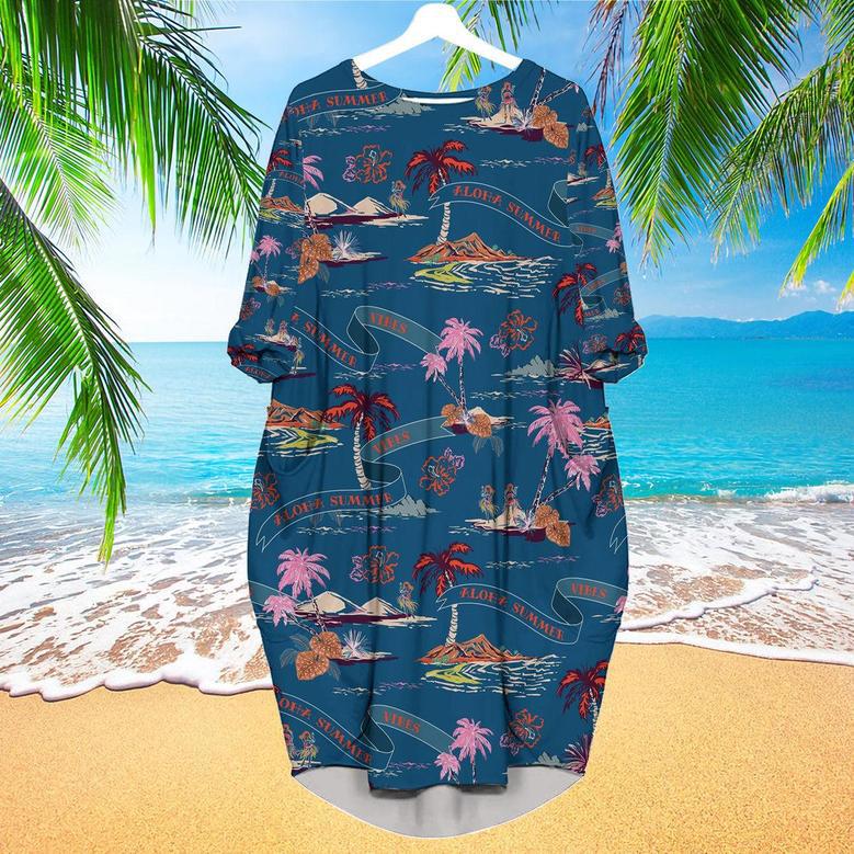 Trendy Tropical Island On Dark Ocean Blue Palm Trees Beach Long Sleeve Midi Dress