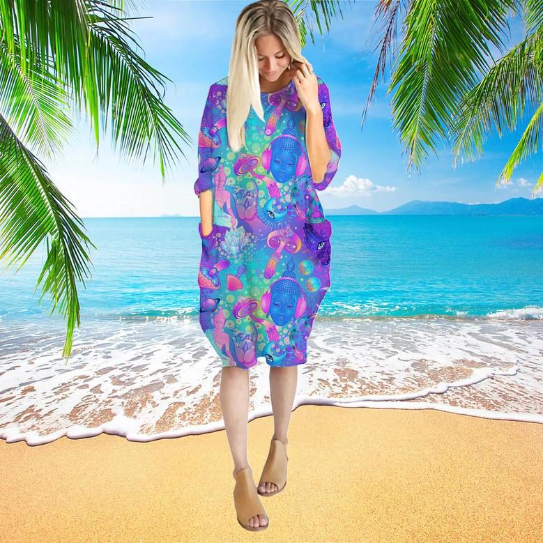 Trippy Hippie Neon Mushroom Long Sleeve Midi Dress