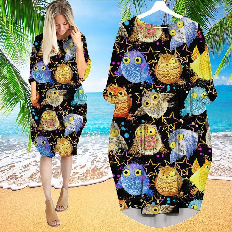 Tropical Colorful Neon Owl Long Sleeve Midi Dress