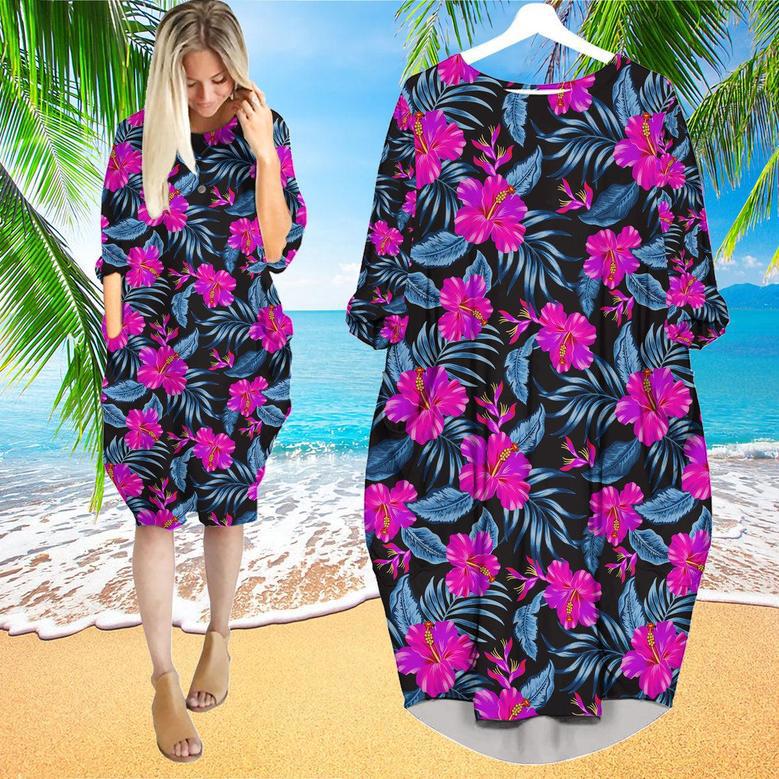 Tropical Flowers Hibiscus Long Sleeve Midi Dress