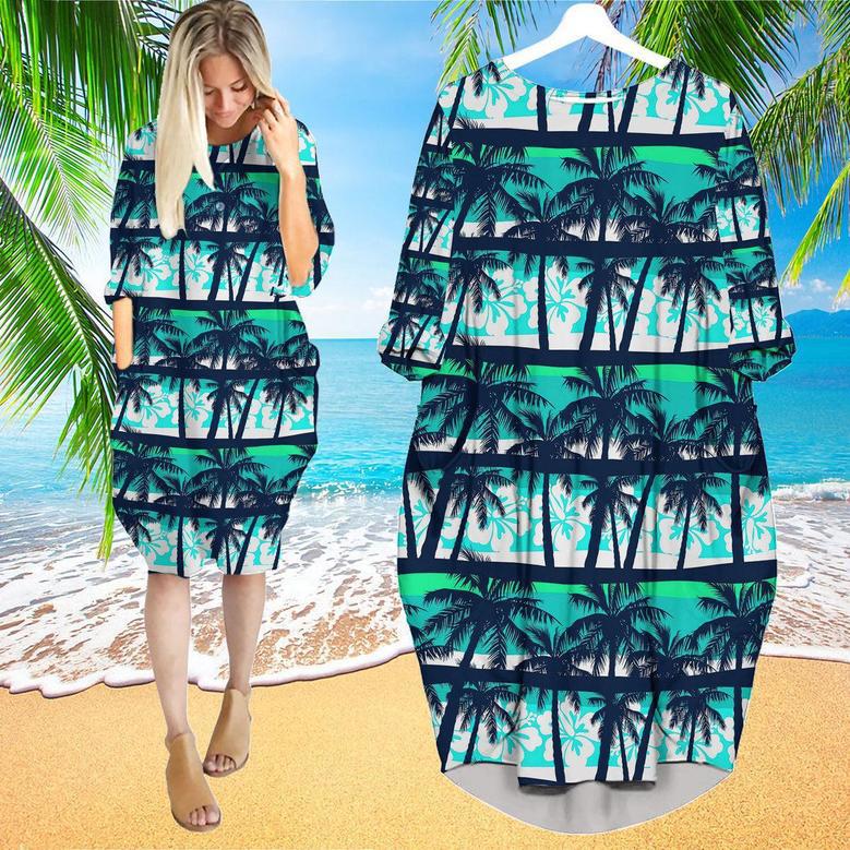 Tropical Frangipani Palms Long Sleeve Midi Dress