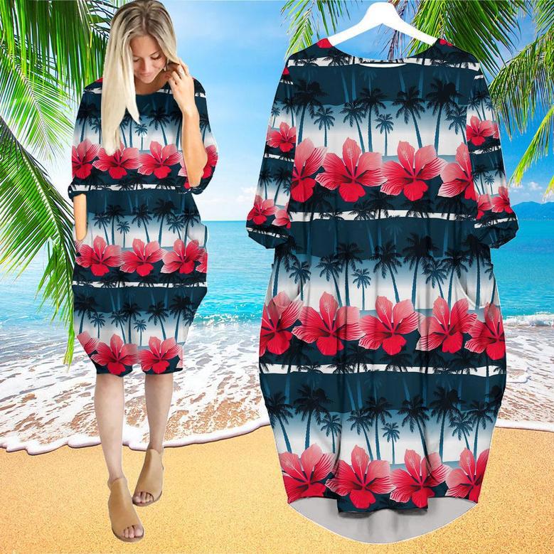 Tropical Frangipani Palms Stripes Long Sleeve Midi Dress