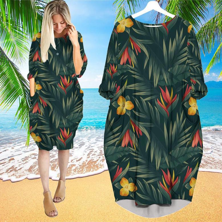 Tropical Leaves And Flowers Long Sleeve Midi Dress