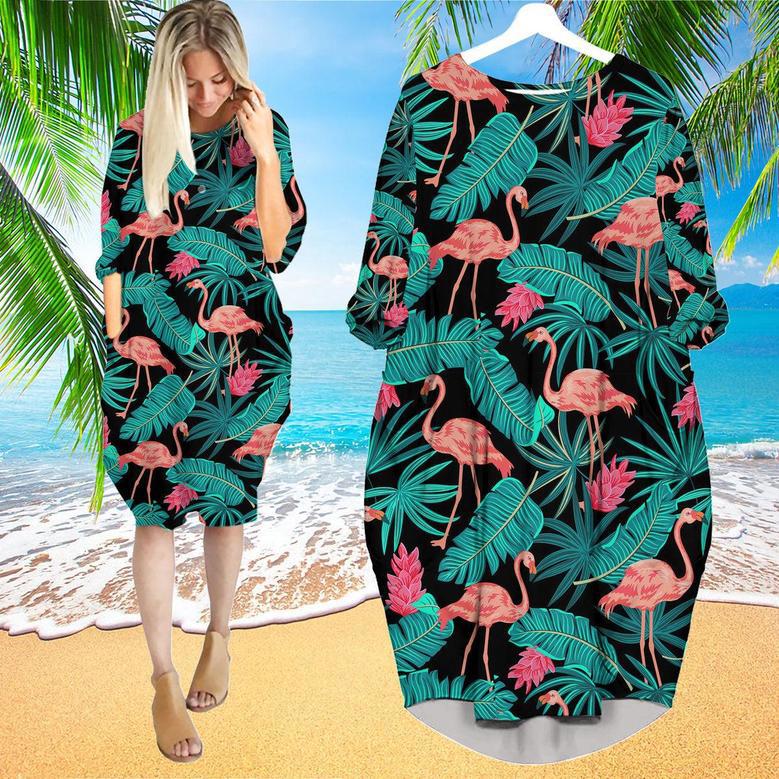 Tropical Leaves Flamingo Long Sleeve Midi Dress