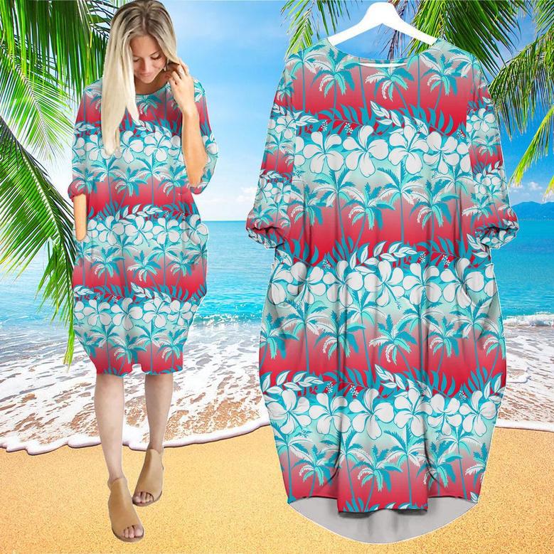 Tropical Palm Tree With Hibiscus Flowers Long Sleeve Midi Dress