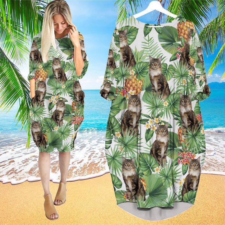 Tropical Pineapple Maine Coon Cat Long Sleeve Midi Dress