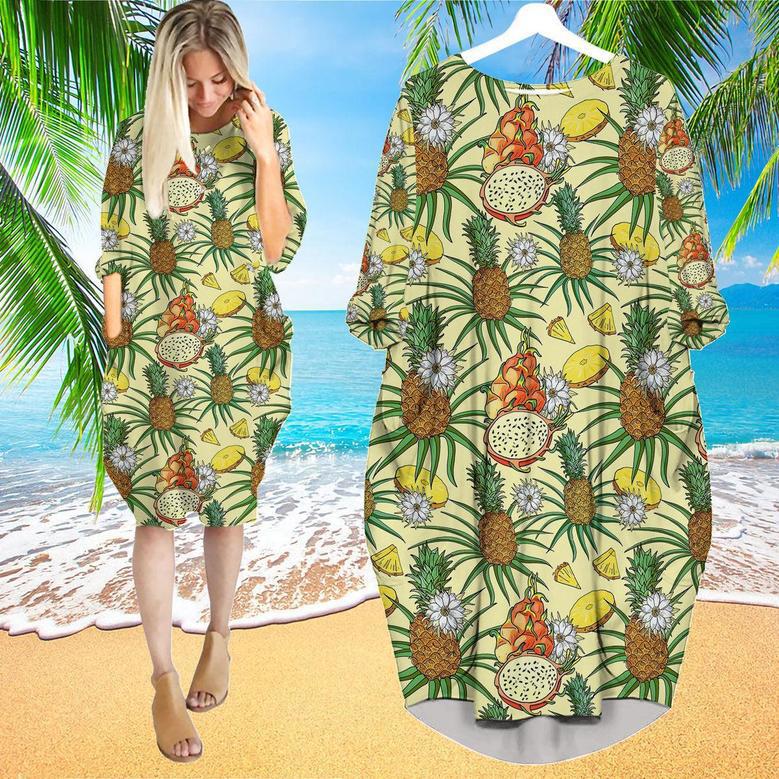 Tropical Pineapple Red Dragon Long Sleeve Midi Dress