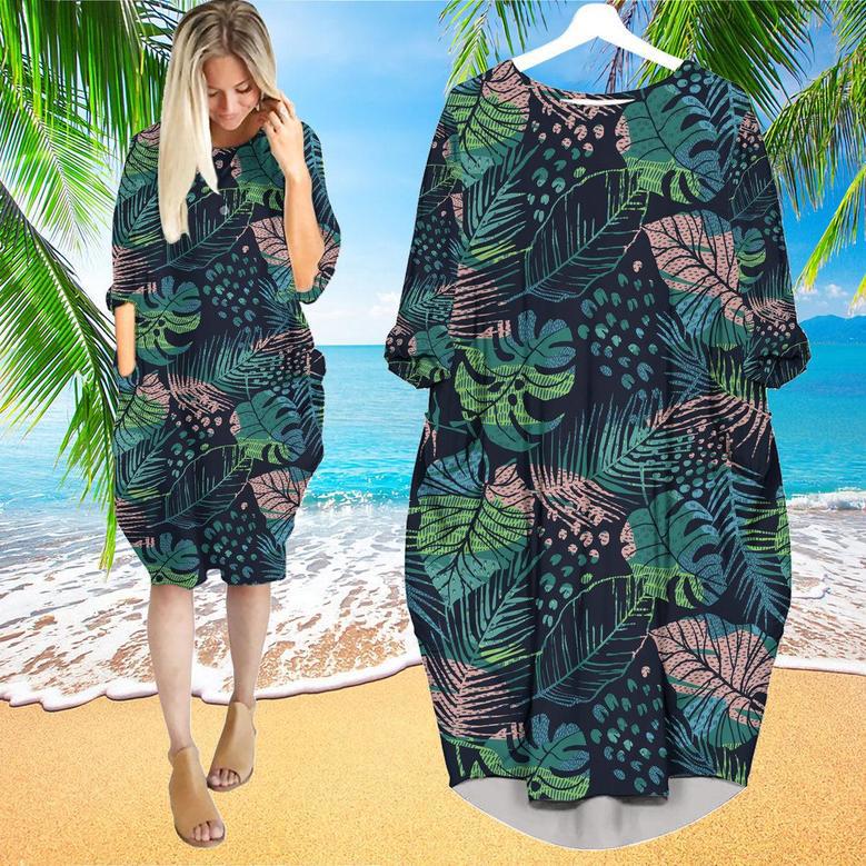 Tropical Plants Seamless Long Sleeve Midi Dress