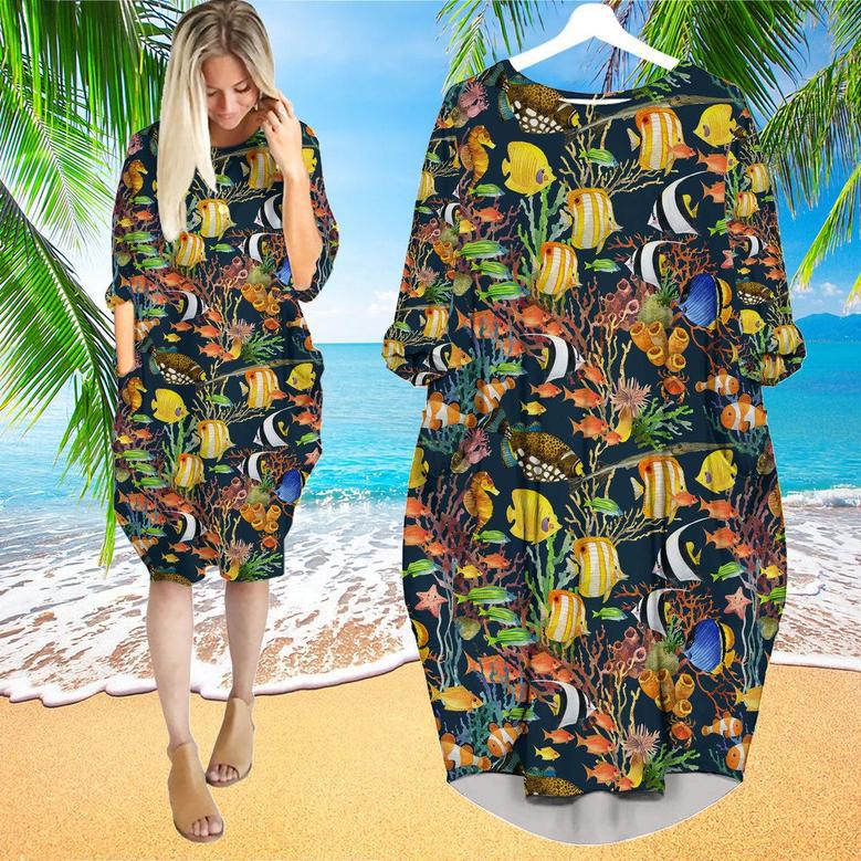 Tropical Sea Fish Pattern Long Sleeve Midi Dress