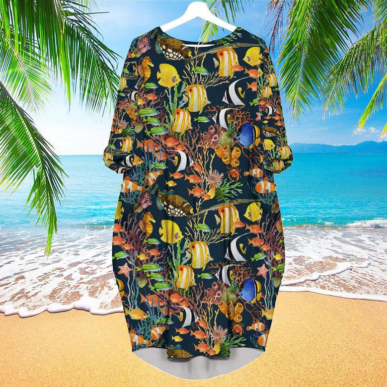 Tropical Sea Fish Pattern Long Sleeve Midi Dress