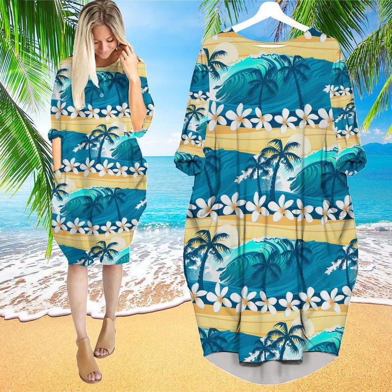 Tropical Surfing With Palm Trees Long Sleeve Midi Dress