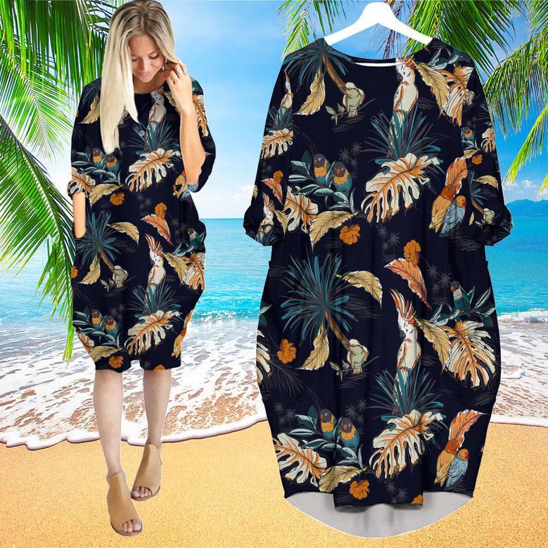 Tropical With Exotic Parrot Birds Long Sleeve Midi Dress