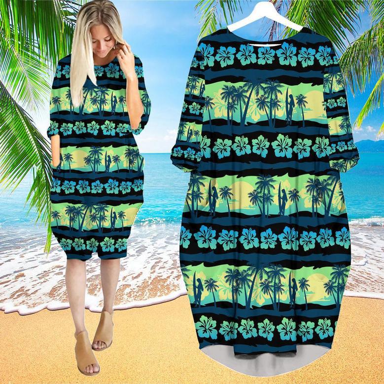 Tropical With Green Sunrise Long Sleeve Midi Dress