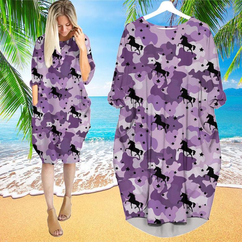 Unicorns On Purple Long Sleeve Midi Dress