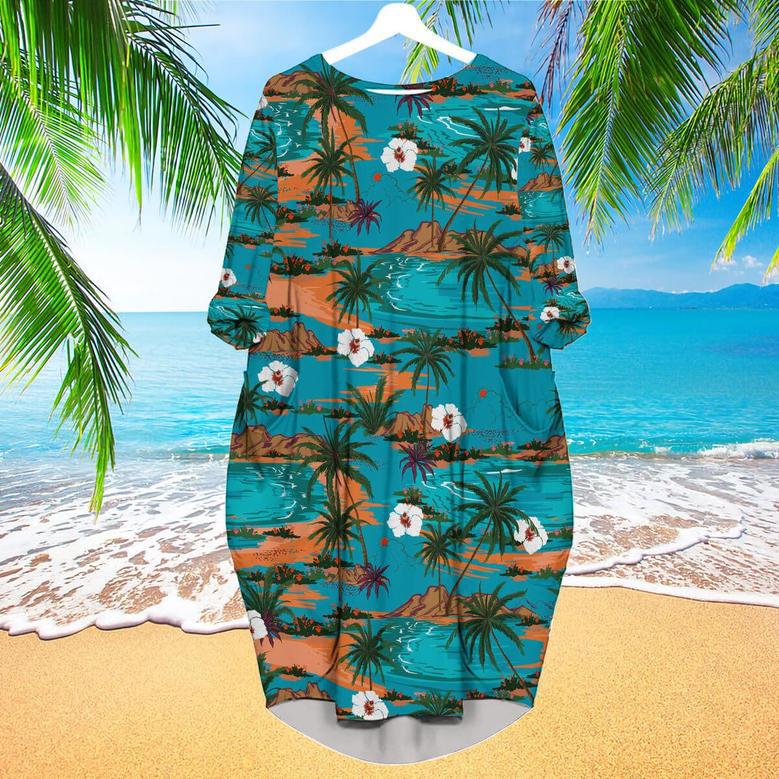 Vintage Summer Hawaii Palm Tree Island Long Sleeve Midi Dress