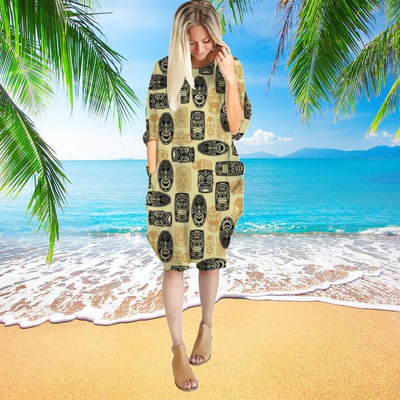 Vintage Tiki Mask Long Sleeve Midi Dress