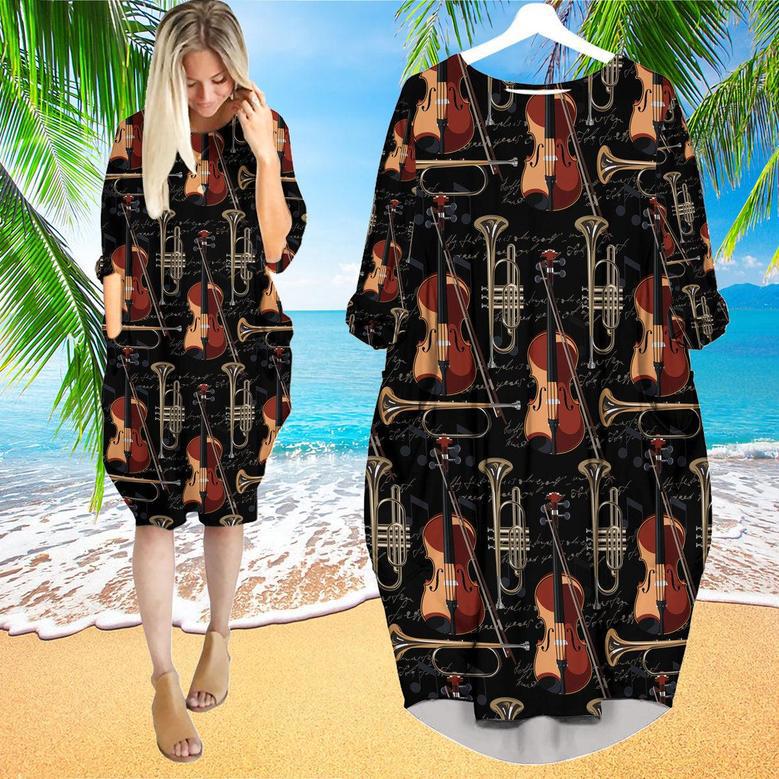 Violin With A Musical Trumpet Instruments Pattern Long Sleeve Midi Dress