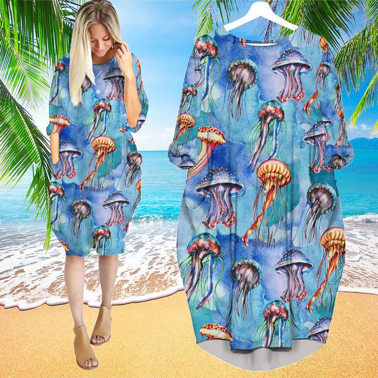 Watercolor Jellyfish Bright Colorful Long Sleeve Midi Dress