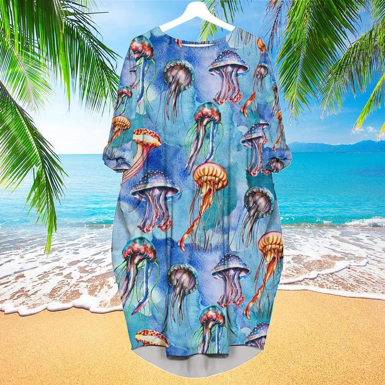 Watercolor Jellyfish Bright Colorful Long Sleeve Midi Dress