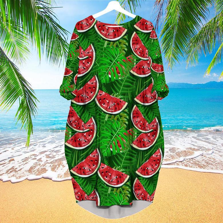 Watermelon With Tropical Leaves Long Sleeve Midi Dress