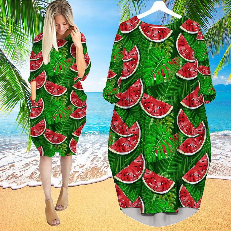 Watermelon With Tropical Leaves Long Sleeve Midi Dress