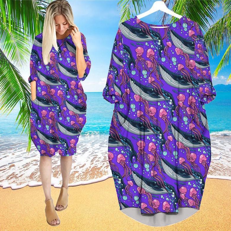 Whales With Jellyfish Long Sleeve Midi Dress