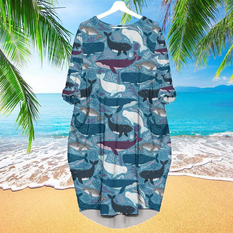 Whales With Marine Mammals Under Sea Long Sleeve Midi Dress