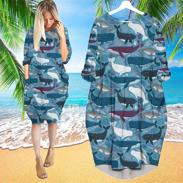 Whales With Marine Mammals Under Sea Long Sleeve Midi Dress