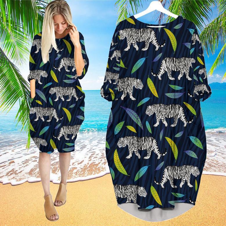 White Tiger Walking Roar Wild Leaves Long Sleeve Midi Dress