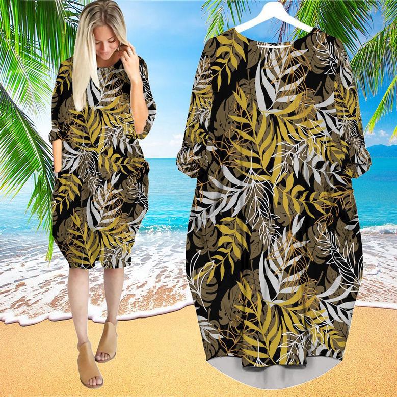 Yellow And Brown Palm Leaves Pattern Long Sleeve Midi Dress