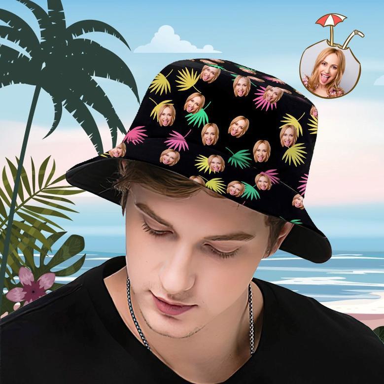 Custom Bucket Hat Personalized Face All Over Print Tropical Flower Print Hawaiian Fisherman Hat - Colorful Leaves