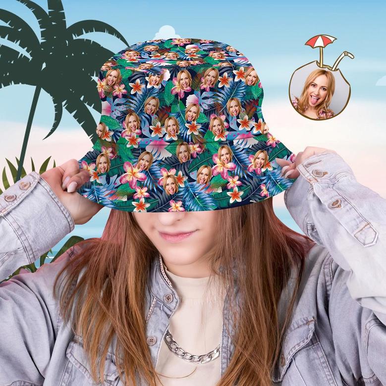 Custom Bucket Hat Personalized Face All Over Print Tropical Flower Print Hawaiian Fisherman Hat - Fashion Flowers