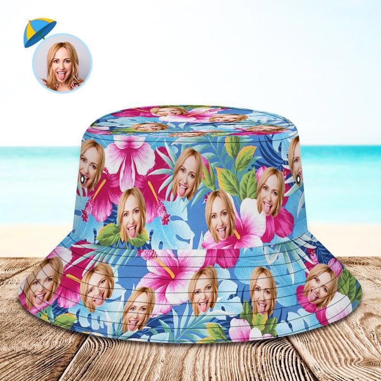 Custom Bucket Hat Personalized Face All Over Print Tropical Flower Print Hawaiian Fisherman Hat - Pink Flowers